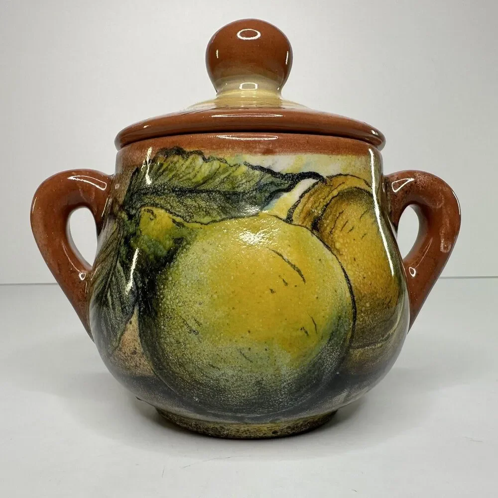 Covered Sugar Bowl‎ Mexico Majolica Venegas Hand Painted Pottery Fruit Pears